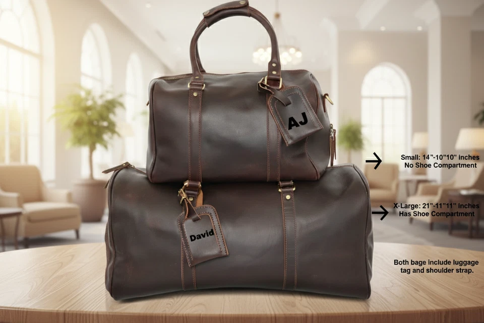 Bolso de Lona de Viaje con Compartimento para Zapatos, Gimnasio Cuero Genuino Fin de Semana Noche Foto 4 de 4