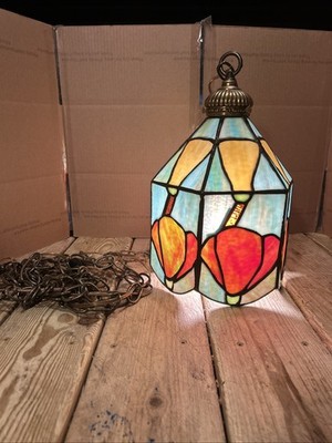 Vintage Tiffany Style Stained Leaded Glass Tulip Hanging Lamp Shade 144  Chain