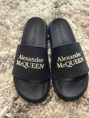 Women's Alexander McQueen Hybrid Logo Pool Slides Sandal Navy White 7 37
