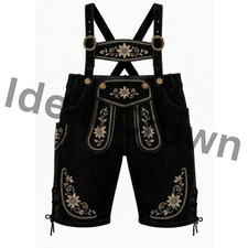 Men's Black Suede Lederhosen Gold Floral Embroidery Suspenders Oktoberfest