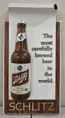 Vintage 1968 Schlitz Beer Bottle Advertising Sign Plastic Breweriana 8" x 14.5"