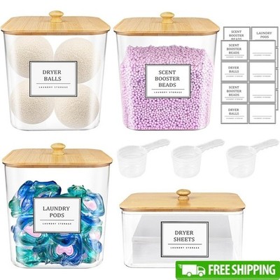 Laundry Pods Dryer Sheets Storage Set Acrylic Containers W/ Scoops Labels New