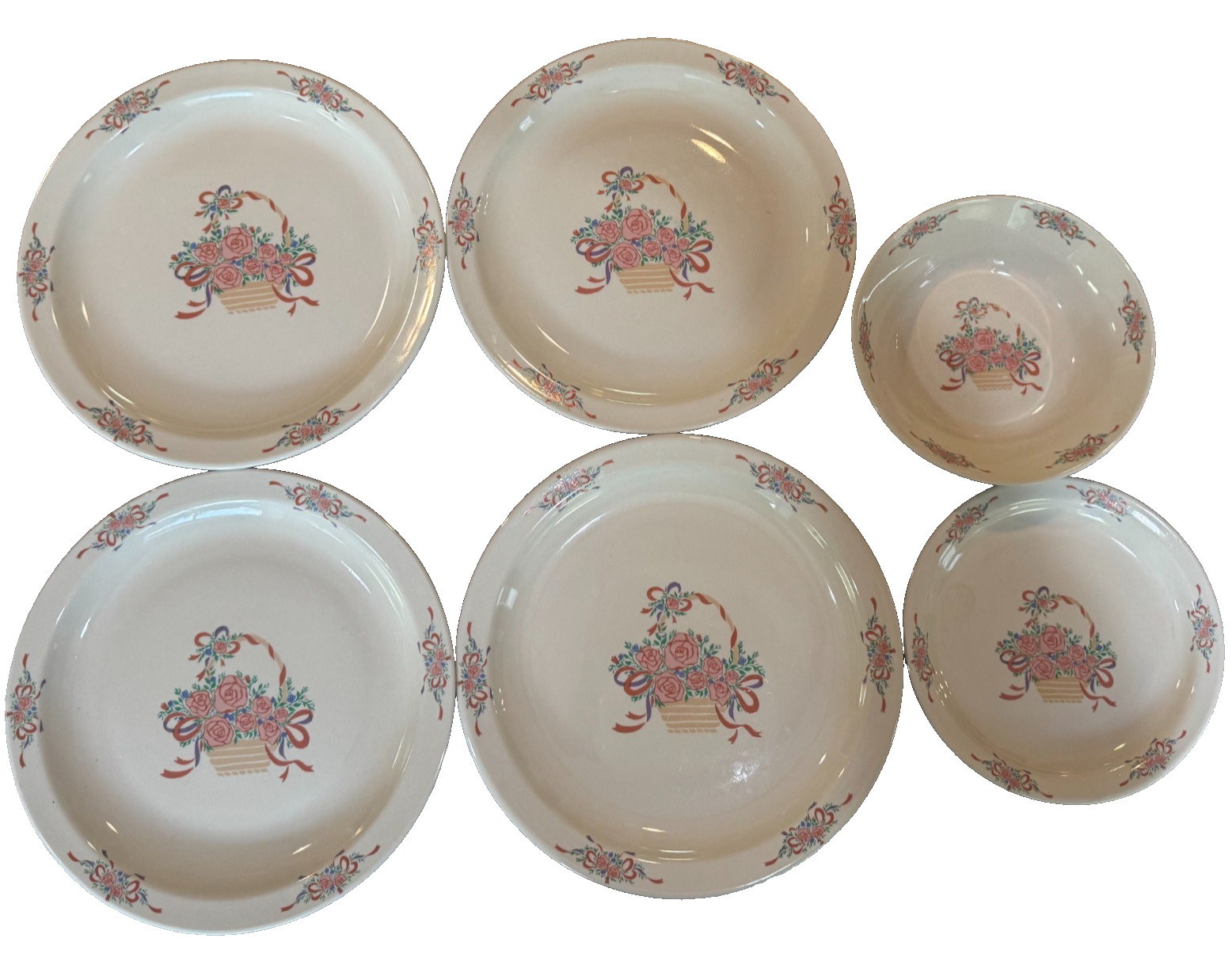 Vintage TRISA Stoneware Floral Plate & Bowl Set 6pc Basket Roses China