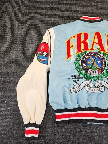 First Row Jacket Pen & Brush Varsity Jacket Mens Medium Sky Blue Quilted Lined image 8