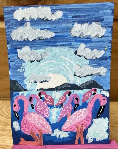 ACEO original Pink Flamingos on Beach at night #2 Acrylic Painting by Liz Durant