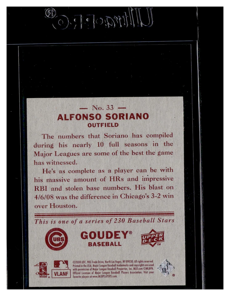 2008 Upper Deck Goudey Mini Red Backs #33 Alfonso Soriano - Изображение 2 из 2
