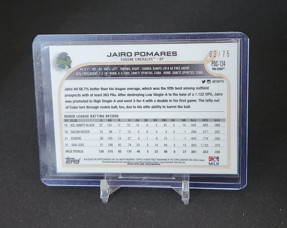 2022 Topps Pro Debut Chrome Aqua Refractor #PDC-134 Jairo Pomares /75 - Image 2 of 3