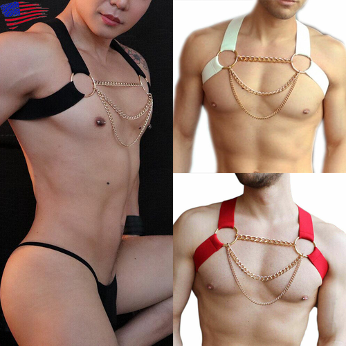 Men Sexy Nylon Chest Strap Punk Body Harness Gay Suspender Belt w Chain Costume - Picture 14 of 20