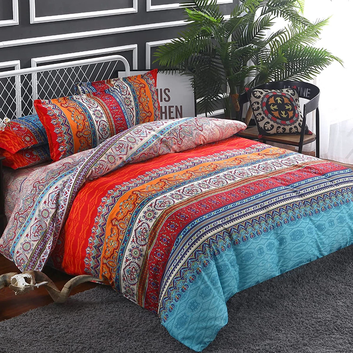 Striped Bohemian Paisley Comforter Set Boho Hippie Geometric