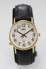 Timex Watch Men Gold Stainless Steel Black Leather WR Light Battery White Quartz