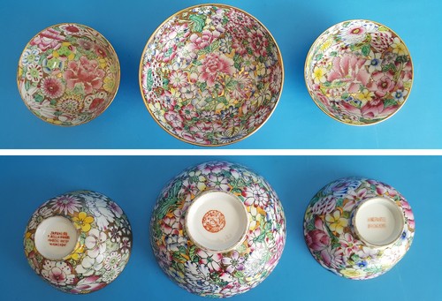 Vintage set Of 3 Hand Painted Japanese Chinese Millefleur Bowls Porcelain Ware  - Afbeelding 1 van 12