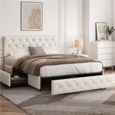 Queen Upholstered Bed Frame with Adjustable Headboard/3 Drawers Storage, Beige