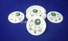 4.5 Inches Marble Tea Coaster Set Malachite Gemstone Inlay Work Giftable Coaster