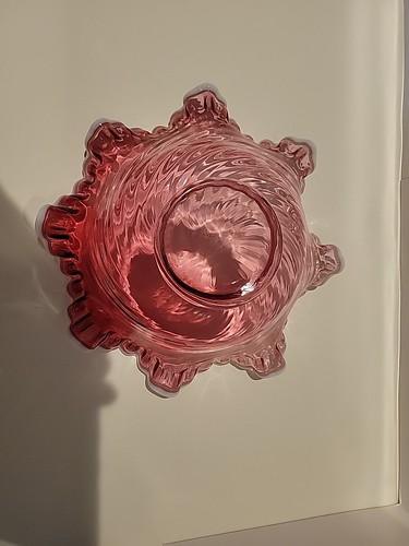Vtg. Fenton 10" Cranberry Snow Crest Ruffled Swirled Glass Bowl - Picture 7 of 11