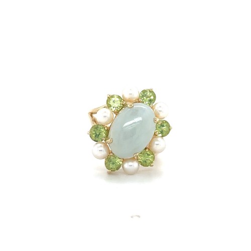 14mm Oval Jade, Pearl, & Peridot Halo Ring - 14k Yellow Gold - Picture 6 of 7