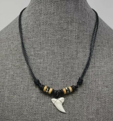#ad Real Mako Shark Tooth Pendant Surfer Necklace for Men Wood Beads $15.95