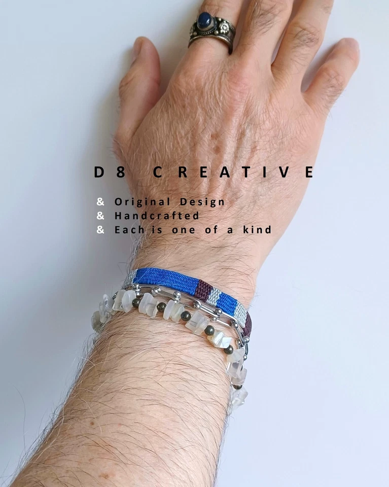 Nuevo Hombre Piedra Lunar Grava con Pirita Tejido a Mano Pulsera Trenzada Foto 4 de 4