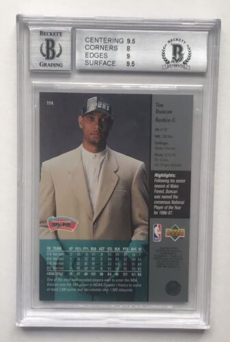 1997-98 Upper Deck #114 TIM DUNCAN Auto Rookie Card BGS 8.5 AUTO 6 - Picture 2 of 2
