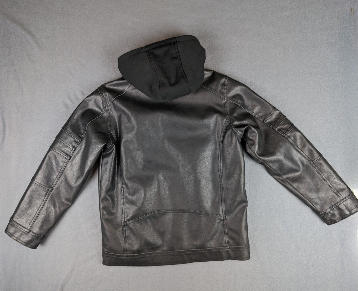 Black Rivet Black Leather Jacket with Removable Jersey Hoodie