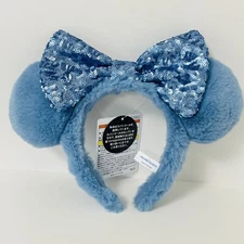 Disney Tokyo Japan Headband Minnie Mouse Fluffy Blue Sequin Bow Disneyland