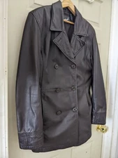 Vtg & Rare Speigel Dark Brown Leather Dbl-Brestd Trench Pea Coat LG 12 V.Gd Cond