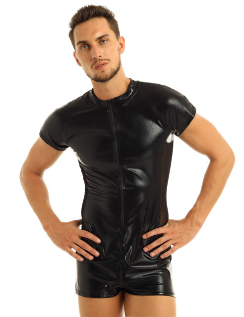 Spandex Costume Catsuit Metallic Men Black Zipper Leotard Bodysuit M ...