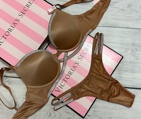 Victoria's Secret Shine Cradle Very Sexy Push Up Bra Thong Set Toffee Beige