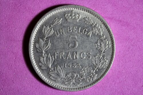 1933 Belgium French Text 5 Francs Nickel Coin #M19977 - Picture 1 of 2