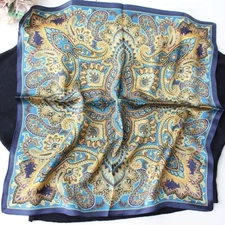 100% Silk Scarf Women Vintage Blue Paisley Kerchief Small Square Bandana 53*53cm