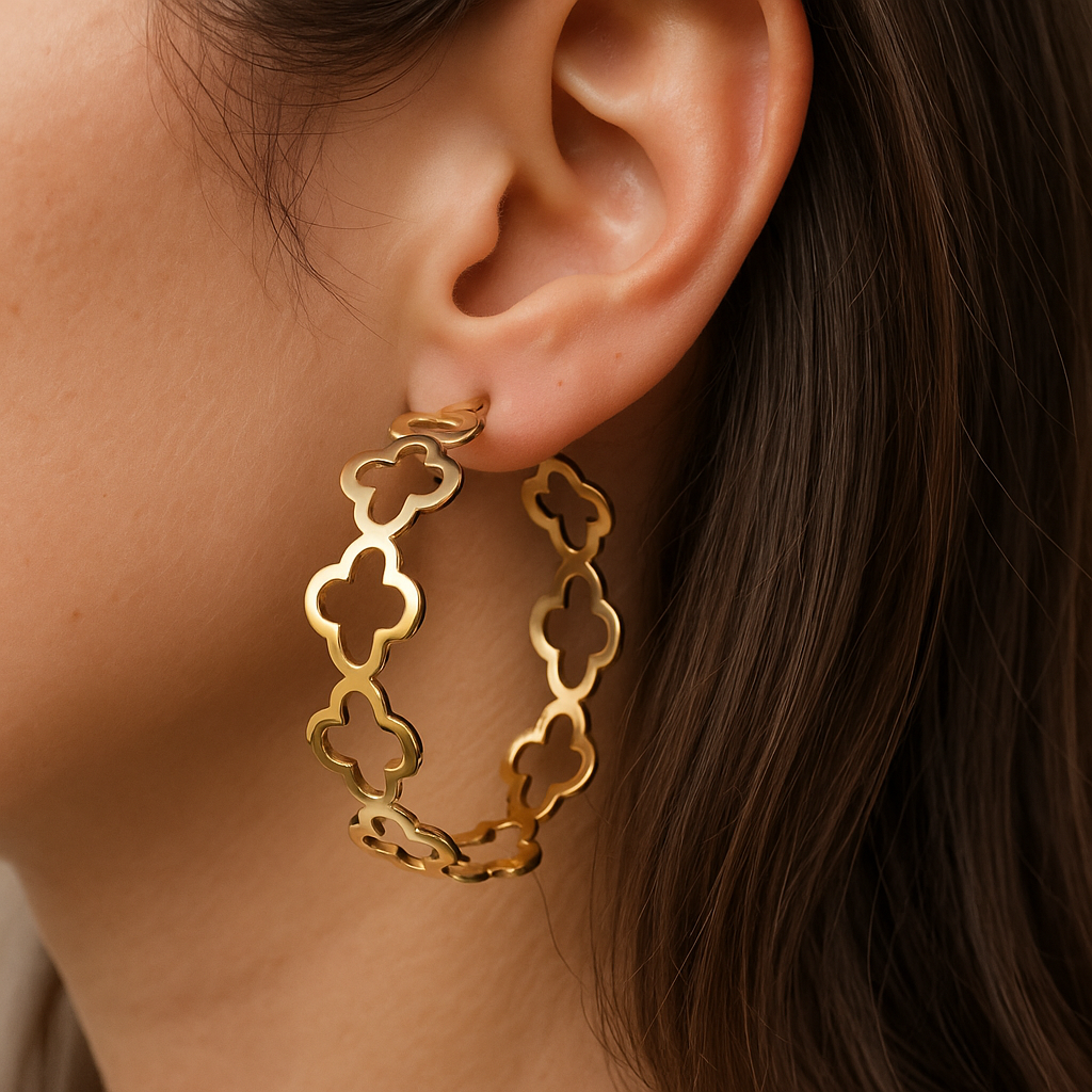Gold Tone Clover Cutout Hoop Stud Earrings Stylish Women’s Fashion Jewelry