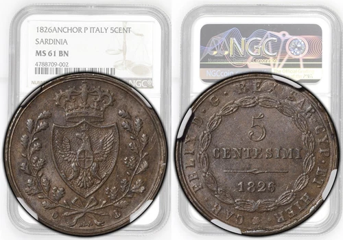 ITALY, SARDINIA, Carlo Felice, 5 Centesimi 1826, Genoa, Anchor, NGC MS 61 BN