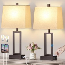 Touch Control Table Lamps Set of 2, Modern Brown Bedside Lamps with USB A Por...