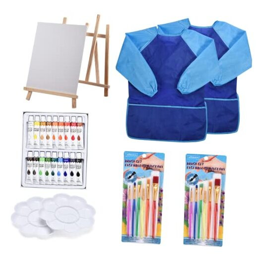 Kids Starter Paint Set (48 pcs) - Art Kit with Acrylic Paint, Easel, Canvas,