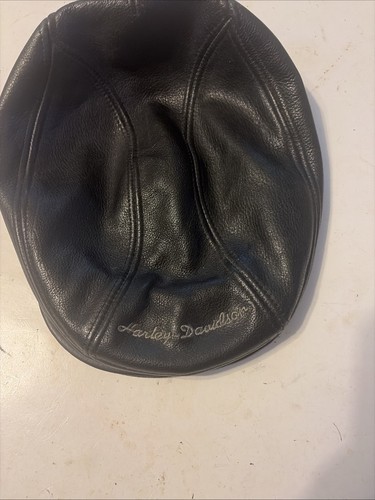 VTG Harley Davidson Leather Cap Mens S/M Black Embroidered Cabbie Hat USA