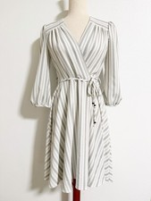 Calvin Klein Striped Faux Wrap Midi Dress White Gray Size 2