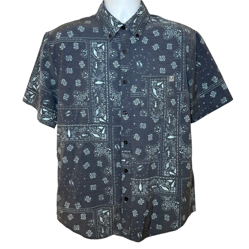 Huk Mens Medium Button Down Short Sleeve Fishing Shirt Paisley Shark Performance - Image 2 of 4