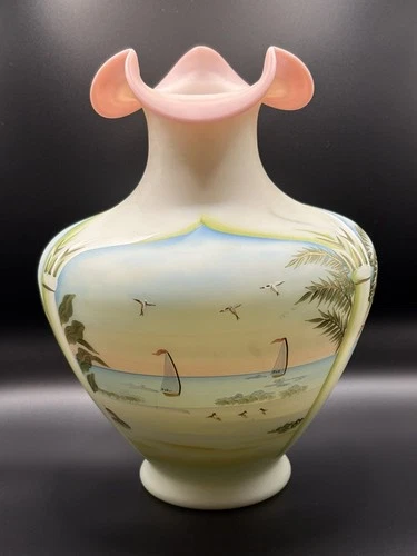 Fenton  Coastal Waters Lotus Mist Burmese Vase #510/1950 Signed By Artist