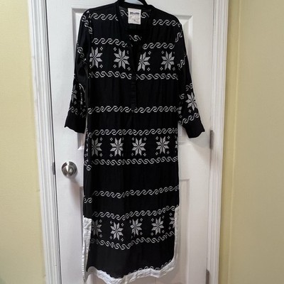 Gallabia Women's Black White Cotton Kaftan Dress White Maxi Length Size Medium