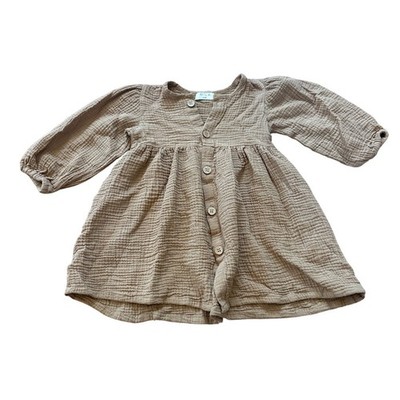 Mila Organic Cotton Gauze Dress Kids Tan Brown Boho Button Front SIZE 2/3Y