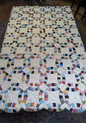 66''x 72'' VTG/USA all-cotton HM-HQuilted PATCHWORK QUILT-WEDDING RING patt PREOWN
