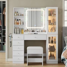 Makeup Vanity with Charging Station, Vanity Desk with LED Mirror, 6 Drawers