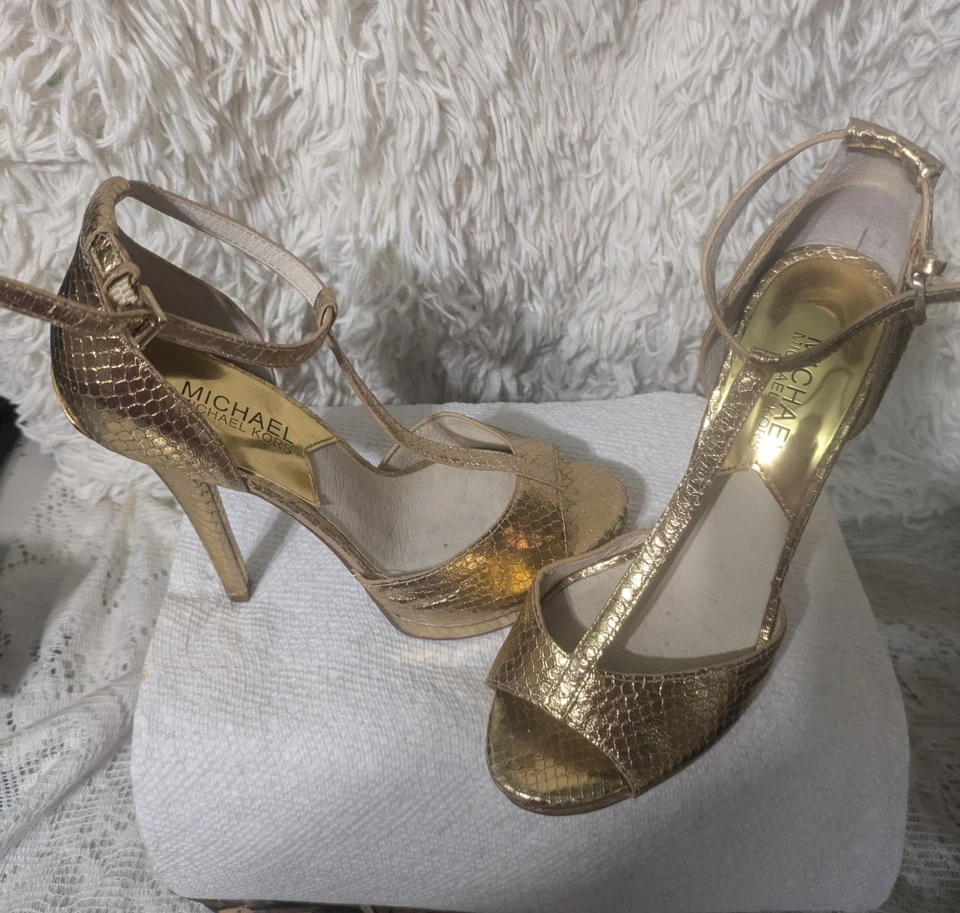 Michael Kors Women's Brenna Metallic Gold High Heel Sandals Size 8M US - Image 2 of 4