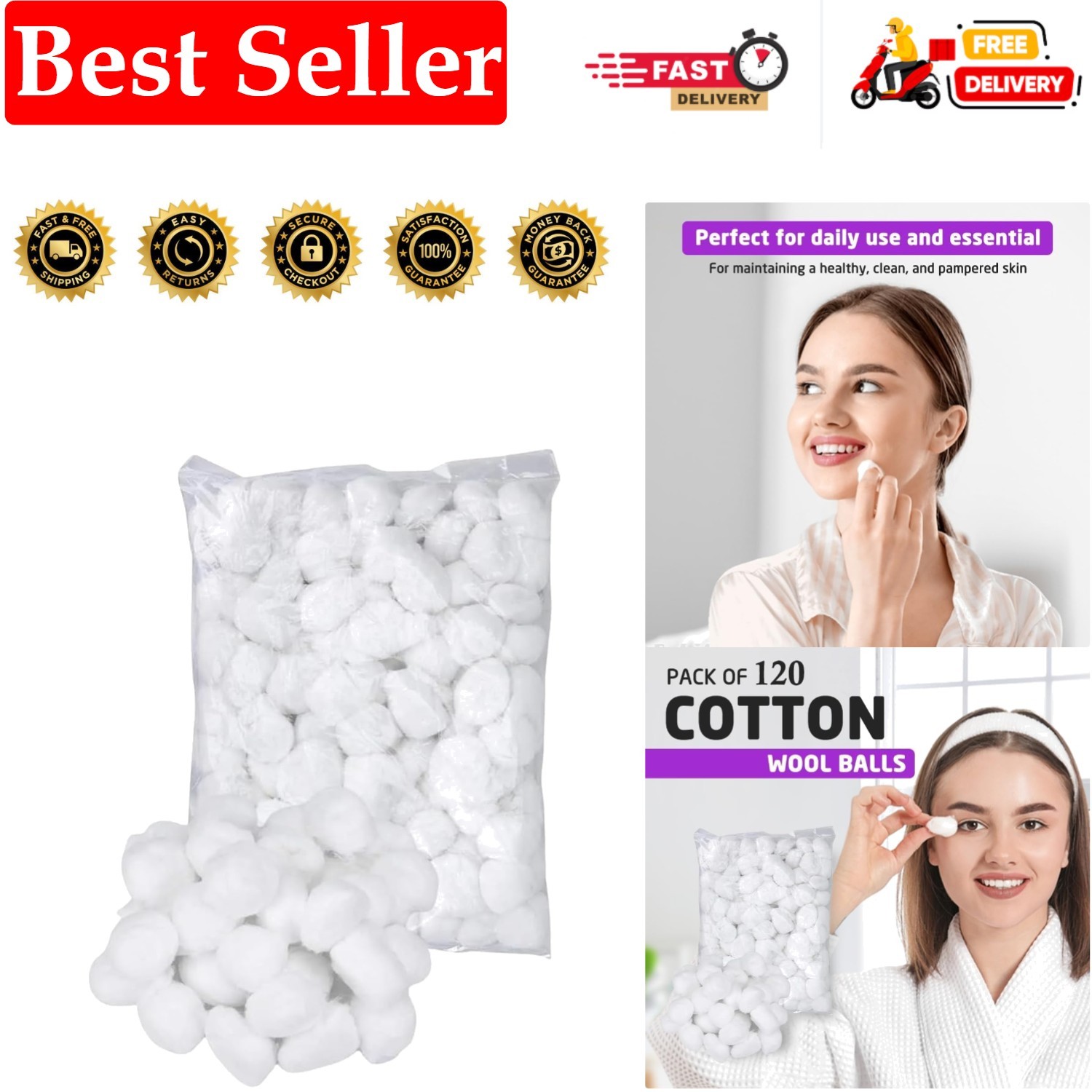 Pack of 120 Cotton Wool Balls| Super Soft| 100% Pure Cotton| Perfect for Ever...