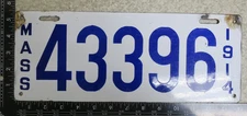 Massachusetts Porcelain License Plate 1914 Tag 14 Enamel #43396 (AYCF)