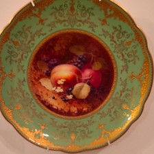 Porzellan Coalport Obst Deko Teller rund gr&uuml;n gold vergoldet Schn&ouml;rkel