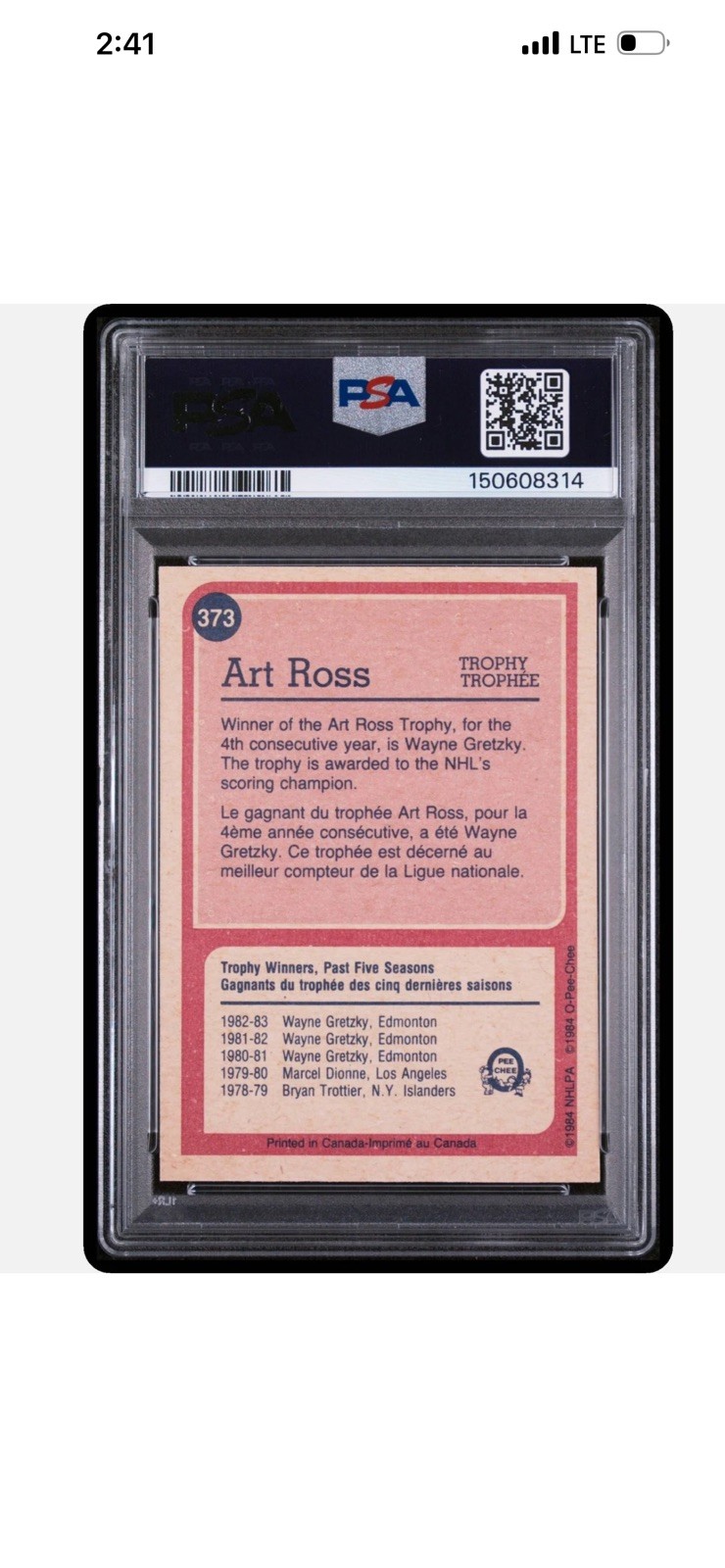 1984 O-PEE-CHEE #373 WAYNE GRETZKY ART ROSS TROPHY PSA 8 view 2