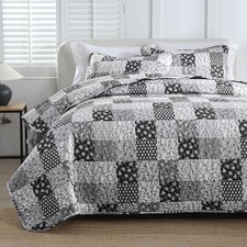 Quilt Set Boho Patchwork Bedspread Floral Coverlet Reversible Queen Black Grey