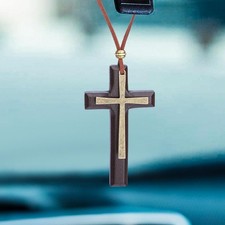 Cross for Car Mirror Hanging, Wood Charms Rear View Mirror, Brown