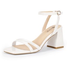IDIFU White Strappy Heels Chunky Block Square Open Toe Ankle Strap Heeled...