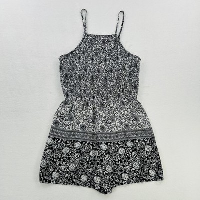 Three Pink Hearts Romper Womens Small Black Floral Smocked Boho Summer Playsuit